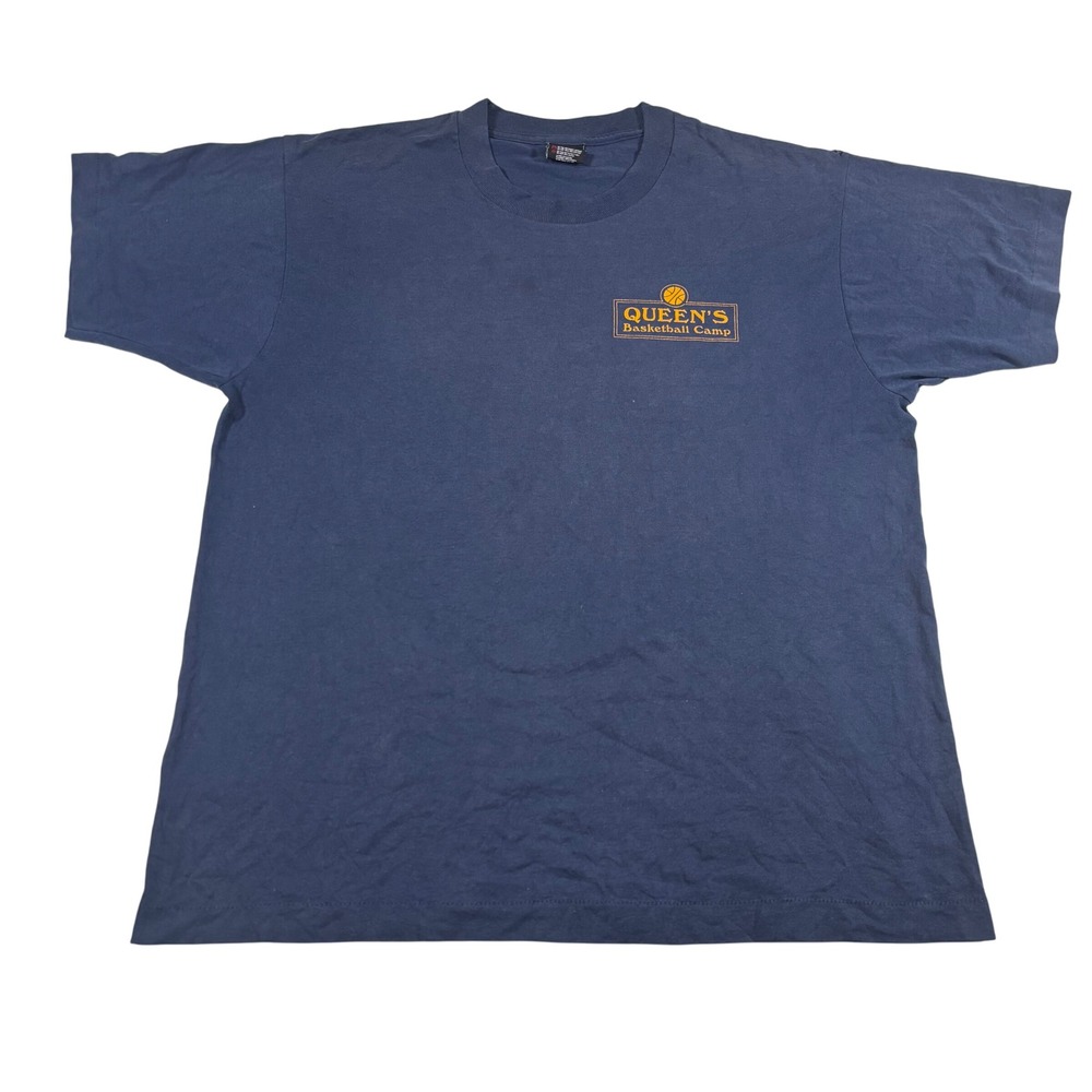 Vintage 90's Queens Basketball Camp Graphic T Shirt Mens Navy Blue Short Sleeve